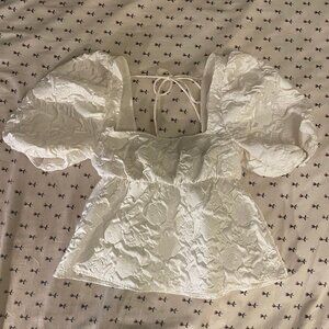 White Babydoll Balloon Sleeve Floral Top Size XS